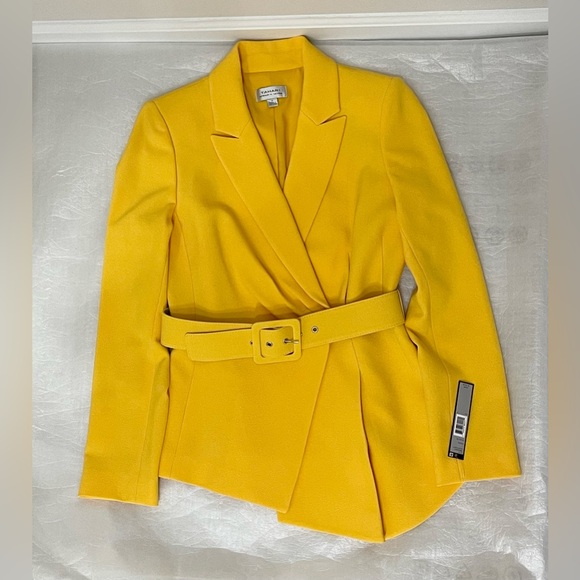 TAHARI ASL Belted Asymmetrical Draped Blazer Jacket & Skirt Suit Yellow Size 4 - Picture 2 of 5